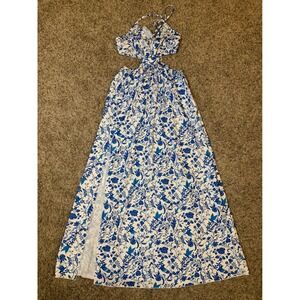 SHEIN White Blue Floral Bird Print Cutout Maxi Dress Halter Neck Size S